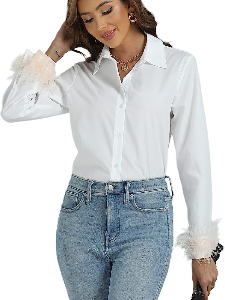 LYANER Women's Casual Button Down Long Sleeve Tassels Work Office Shirt Blouse Top | Amazon (US)