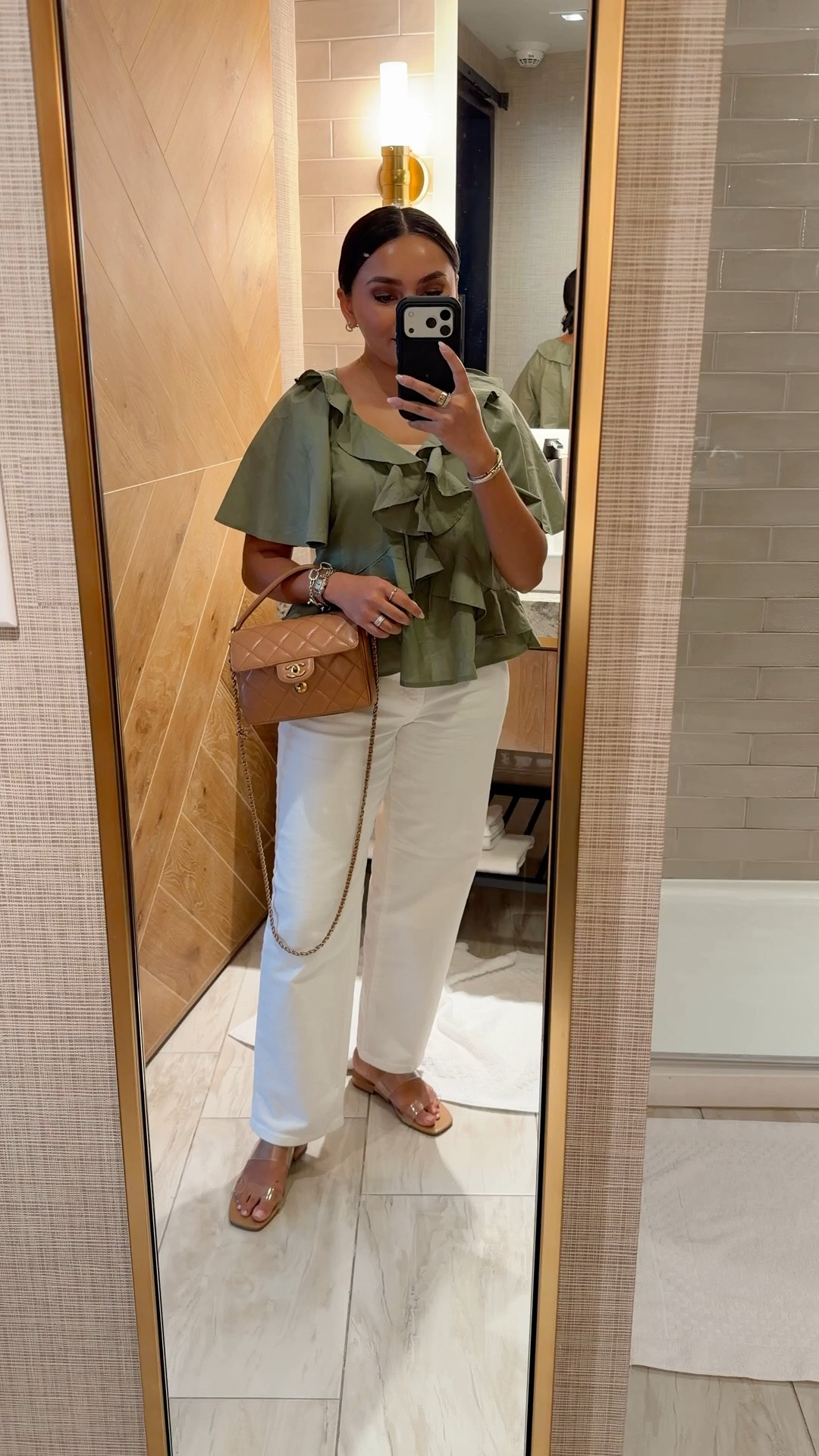 Green top size xs petite TTS 
Tan tank - old, similar linked
White jeans size 2 petite TTS 
Clear sandals size 5 TTS 

#LTKPetite #LTKgrwm #LTKootd