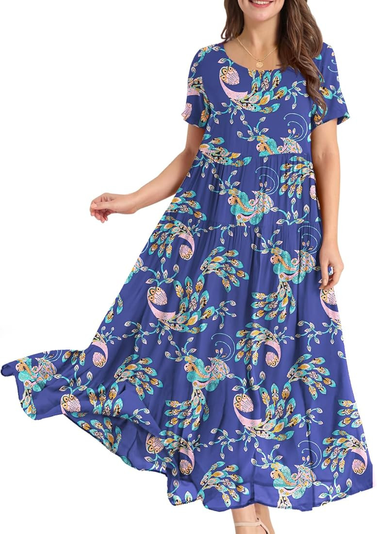 YESNO Women Casual Loose Bohemian Floral Dresses with Pockets Short Sleeve Summer Beach Swing Dre... | Amazon (US)