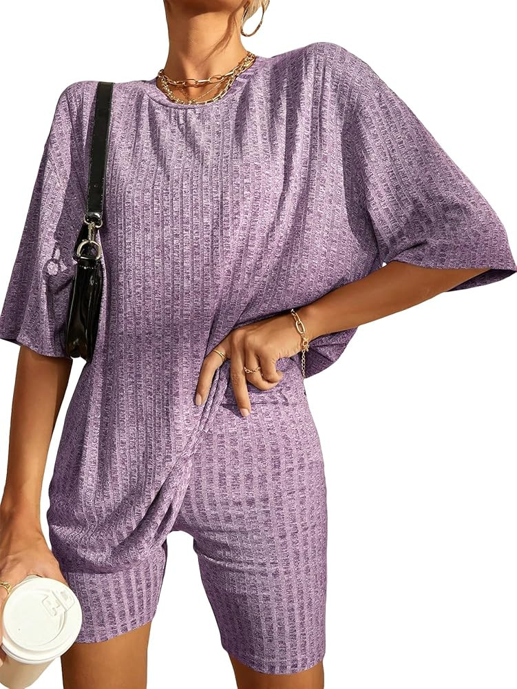 WDIRARA Women's 2 Piece Outfits Ribbed Short Sleeve Drop Shoulder Tee And Shorts Set | Amazon (US)
