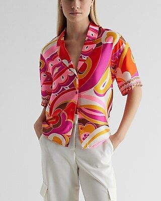 Printed Short Sleeve Button Front Boxy Shirt | Express