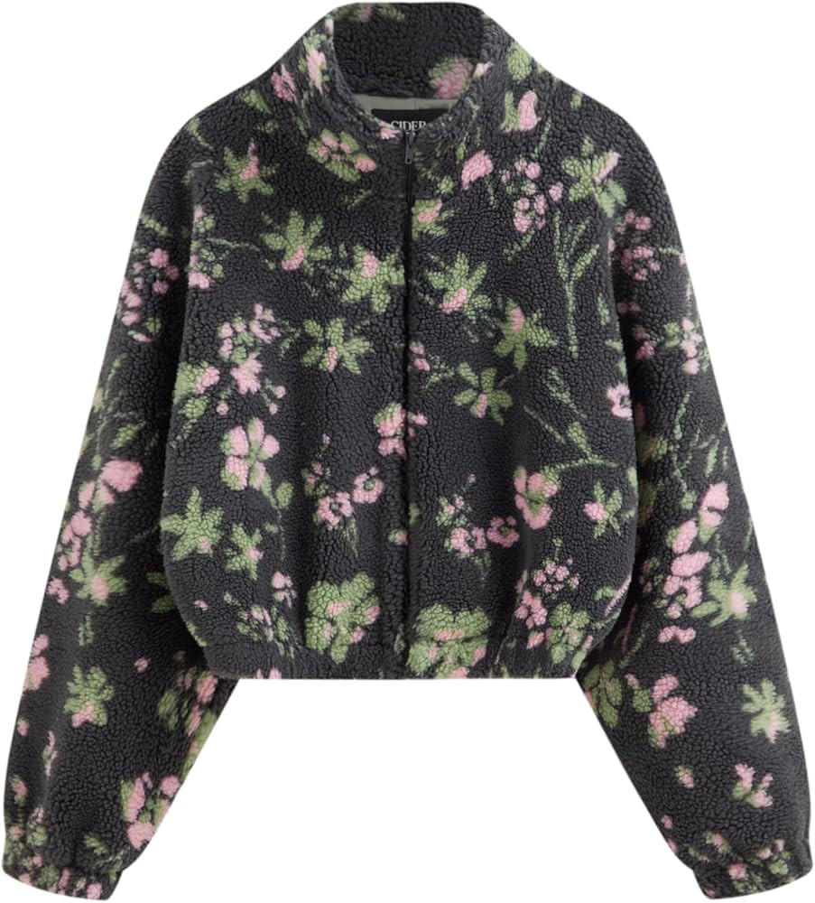 CIDER Sherpa Jacket Women Fleece Jacket Turtle Neck Floral Cropped Graphic Zipper Jacket for Wint... | Amazon (US)