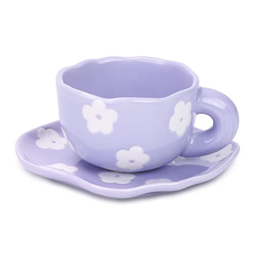 Noviko Purple Coffee Mug Flower Mug and Saucer Set Cute Ceramic Mug for Girls Mom 7 oz | Amazon (US)