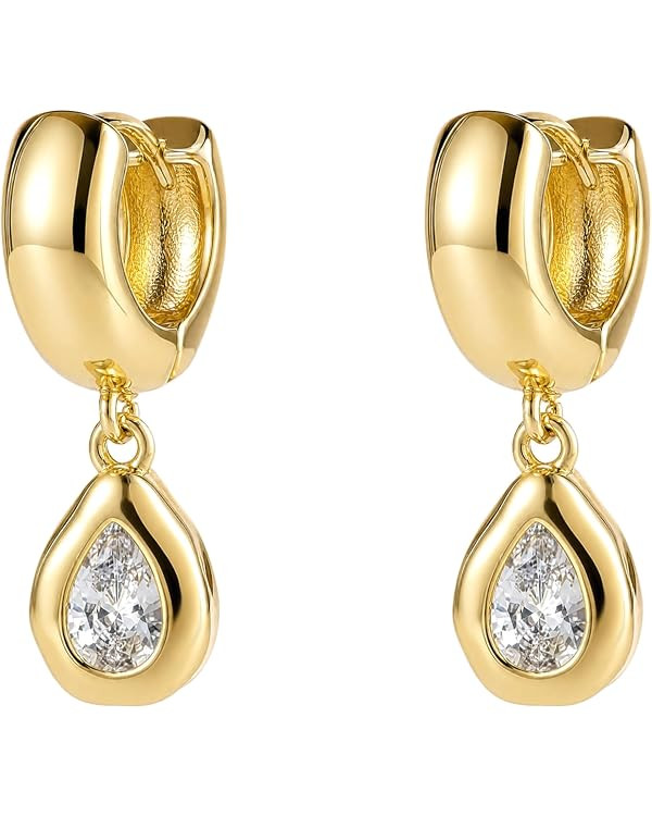 SHERLOVE Chunky Statement Gold Dangle Earrings Women Bezel Cubic Zirconia | 14K Gold Plated Huggi... | Amazon (US)