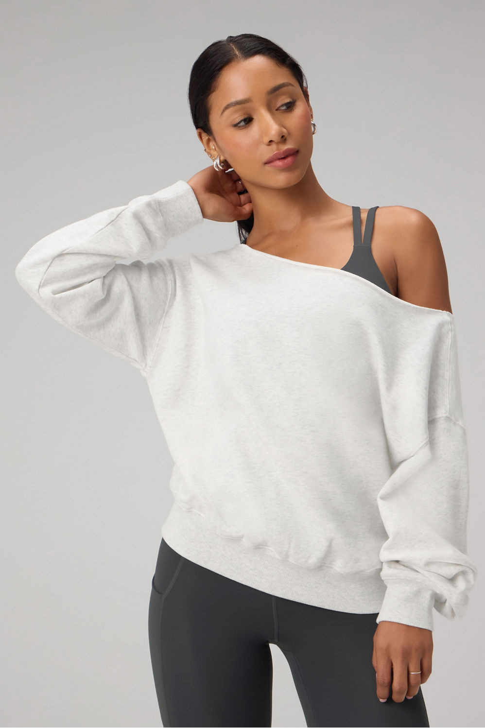 Year Round Terry Off Shoulder Sweatshirt + Modal Rib Cropped Tank + High Rise Straight Jean Bundl... | Fabletics