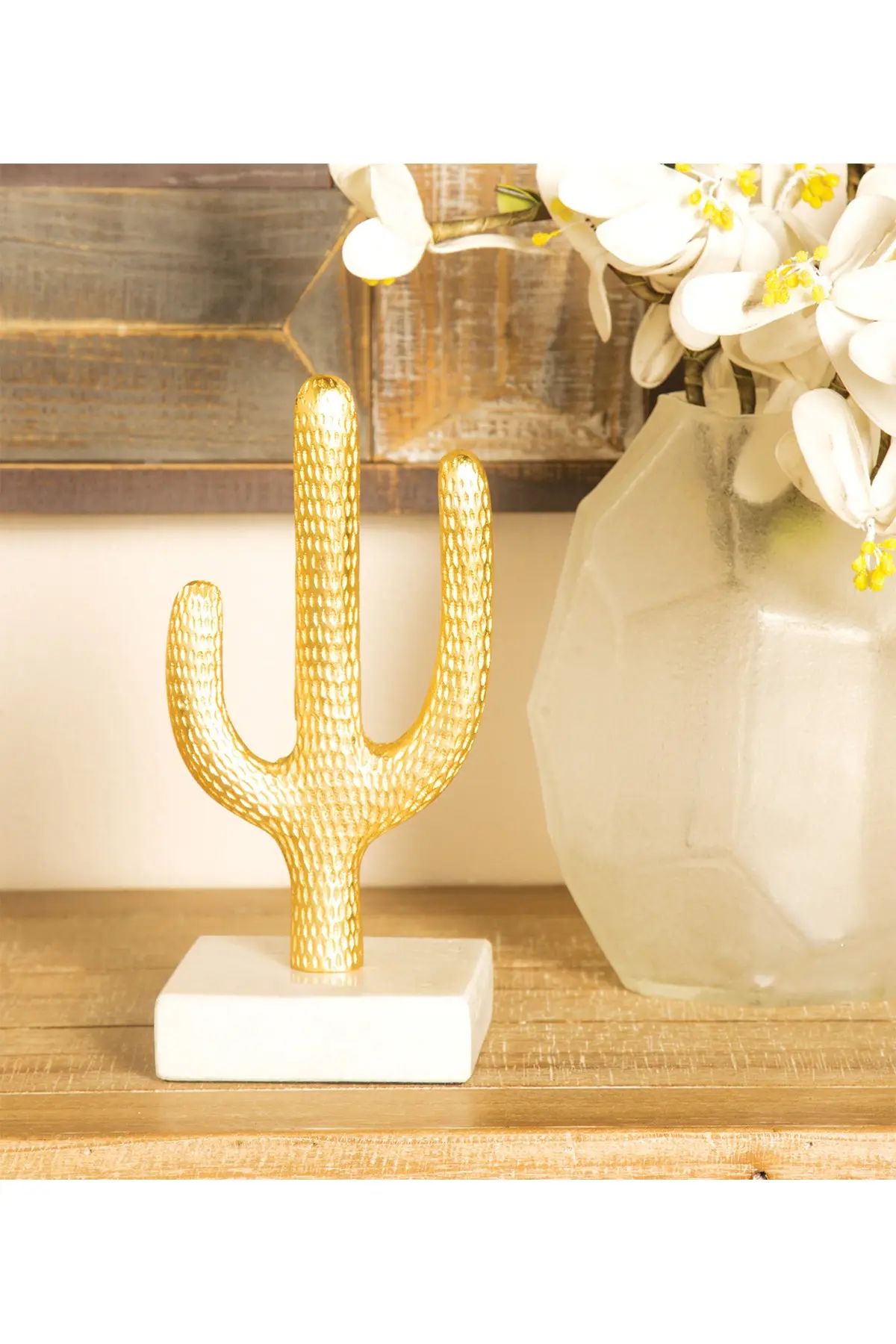 CosmoLiving by Cosmopolitan Small Metallic Gold Cactus Sculpture Table Decor on White Marble Base at | Nordstrom Rack