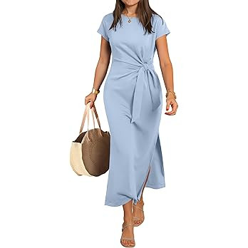ANRABESS Womens Summer Maxi Dress Casual Crew Neck Tie Waist Split Wrinkle-Free Fit Long Fashion ... | Amazon (US)