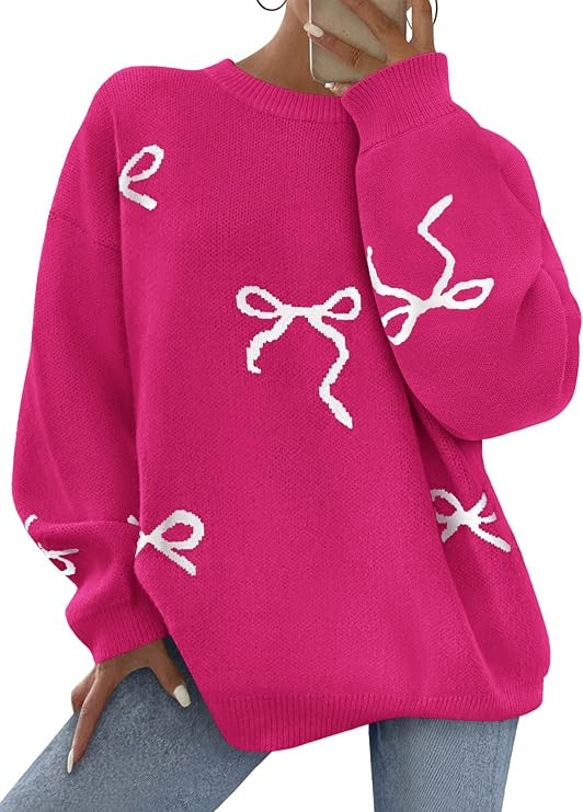 PRETTYGARDEN Women Long Sleeve Cute Bow Oversized Sweater | Amazon (US)