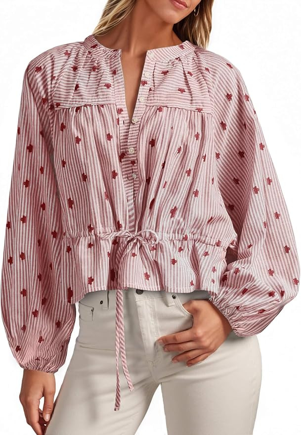 Tankaneo Womens Striped Cropped Button Down Shirts Puff Long Sleeve Peplum Tops Drawstring Waist ... | Amazon (US)