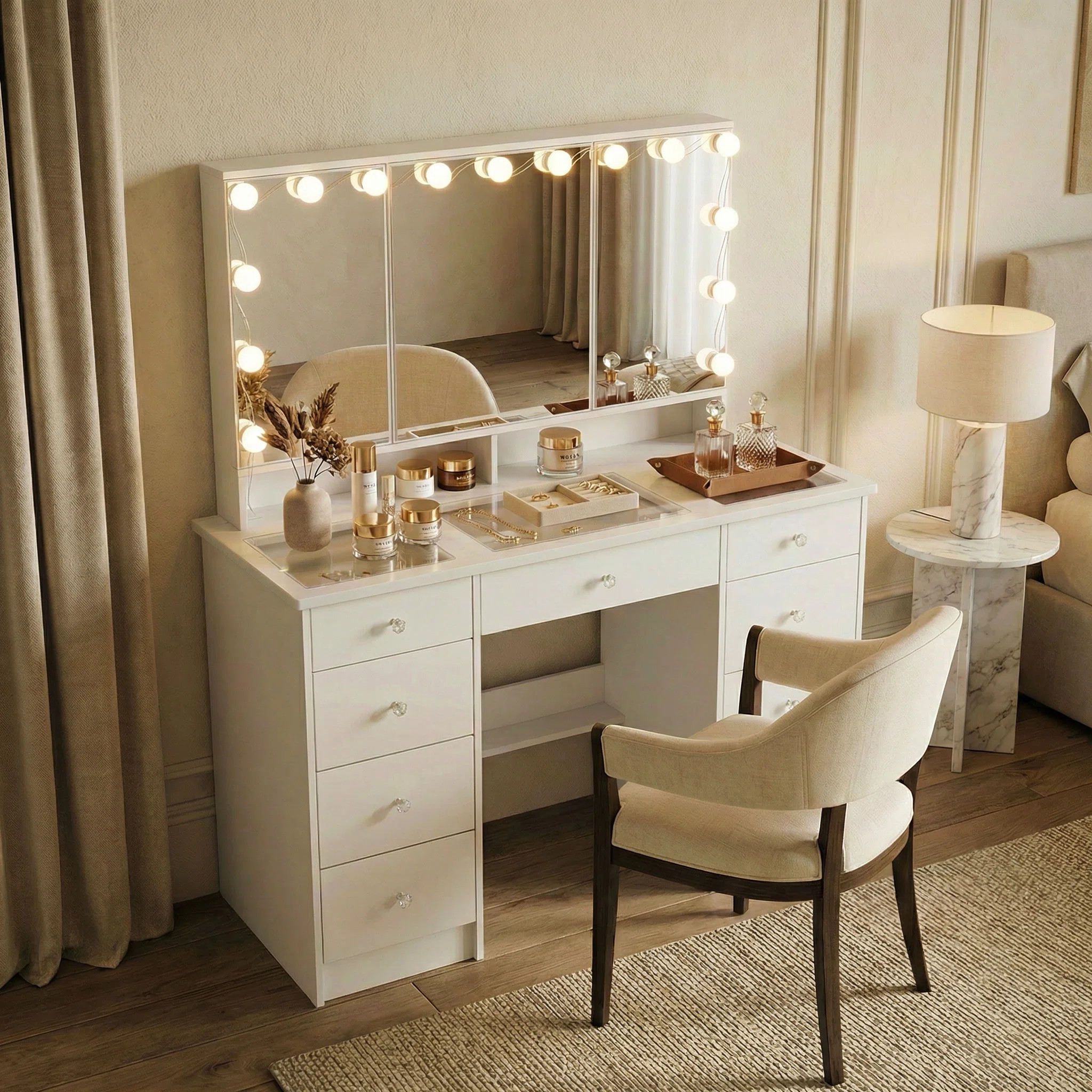 Angrand 53.6'' H Makeup Vanity with Lighted Tri-Fold Mirror and 9 Drawers | Wayfair North America