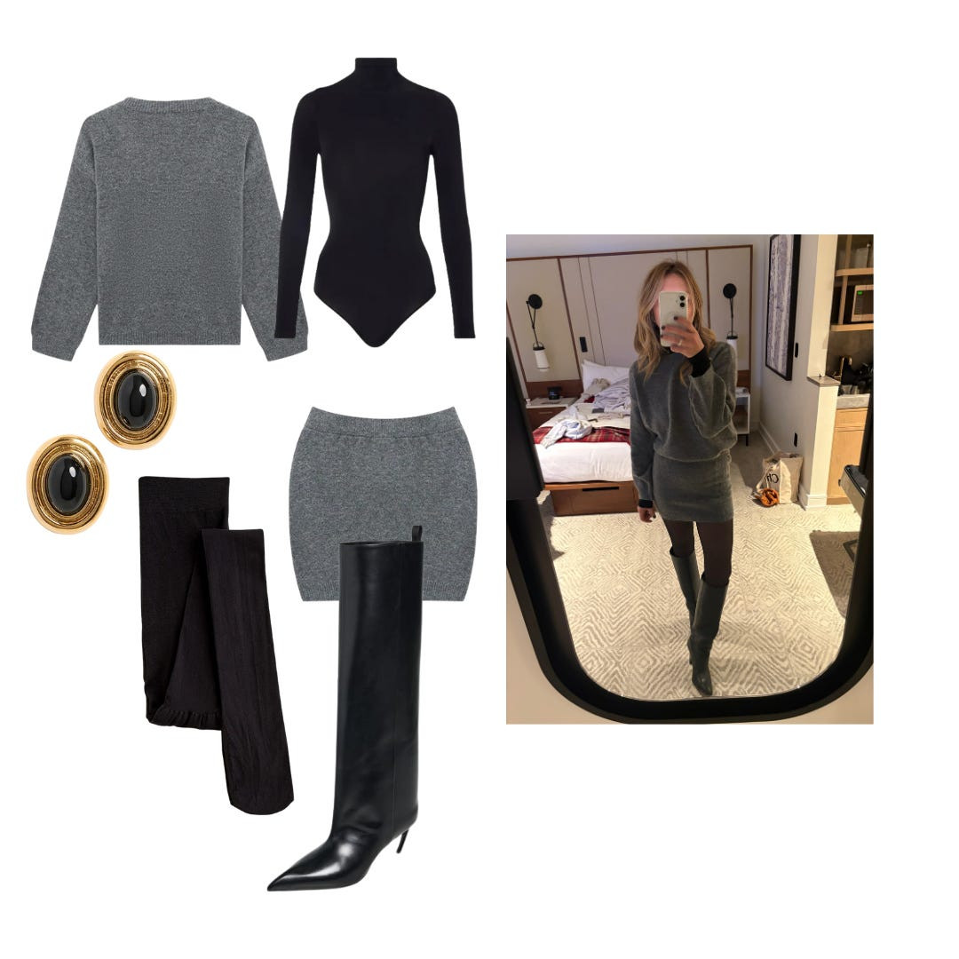 ASPEN OUTFITS: Night 3. 

And finally, the last night. This grey set looks designer, feels cozy, and somehow comes from Amazon, which honestly still shocks me. The fit is flattering in that easy, no effort way, and the texture gives it a polished, pulled together feel without being precious. Styled with sheer tights and tall black boots, it instantly reads chic and intentional while still being incredibly comfortable. I paired this whole look with my new obsession, these black and gold earrings, and you will also love the price. 

 