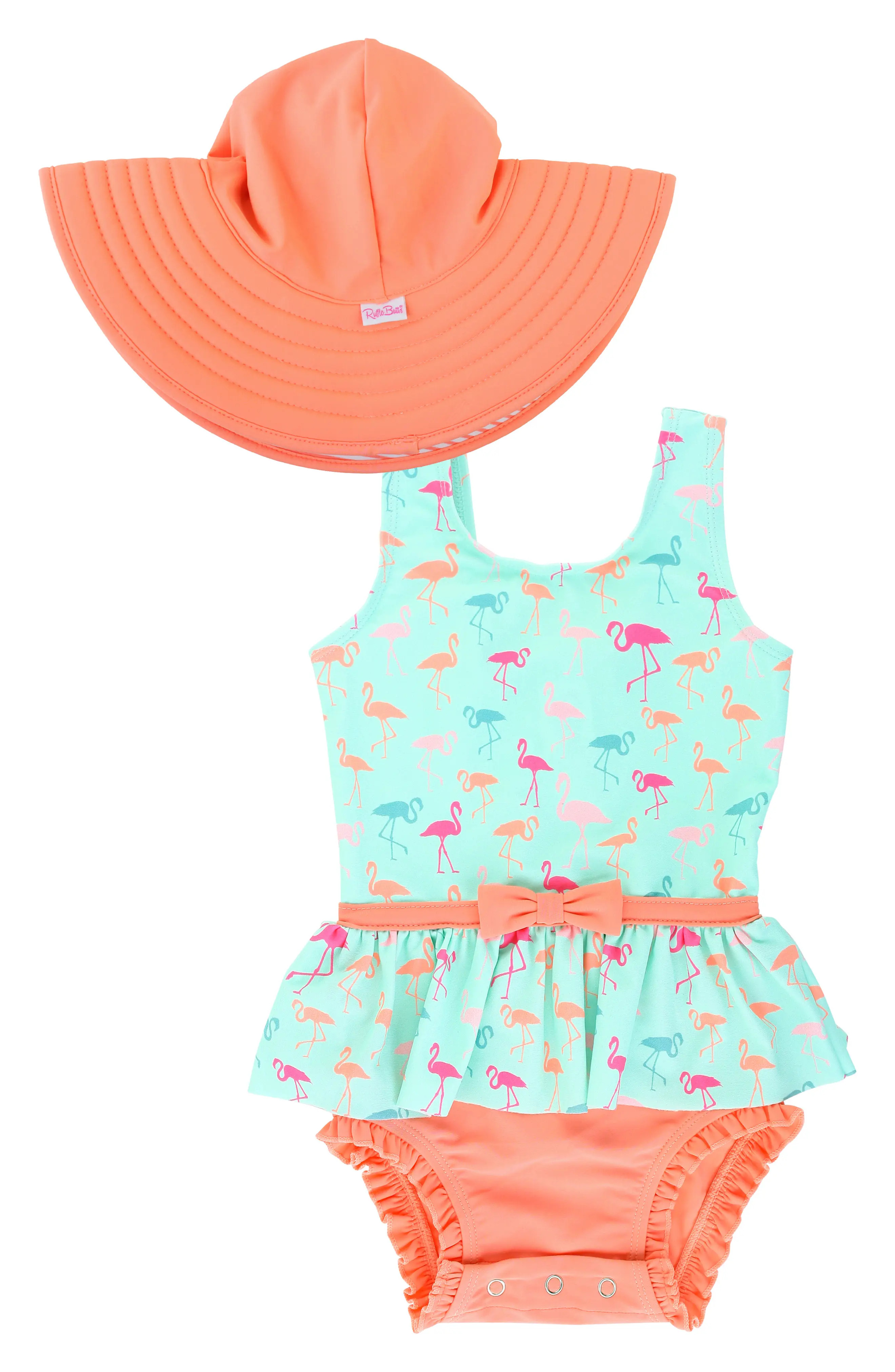 Infant Girl's Rufflebutts Flamingo Beach One-Piece Swimsuit & Floppy Hat Set | Nordstrom