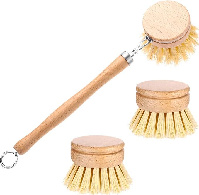 Classic Dish Washing Brush Natural Scrub Brush with 2 Pieces Beechwood Replacement Brush Heads Re... | Amazon (US)