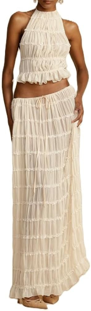 Womens 2 Piece Maxi Skirt Set Lace Up Sleeveless Tank Top and Flowy Long Skirt 2024 Summer Beach ... | Amazon (US)