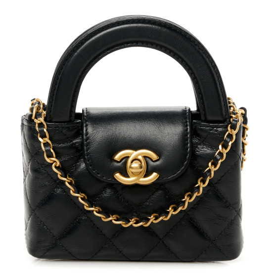 Shiny Aged Calfskin Quilted Mini Nano Kelly Shopper Black | FASHIONPHILE (US)