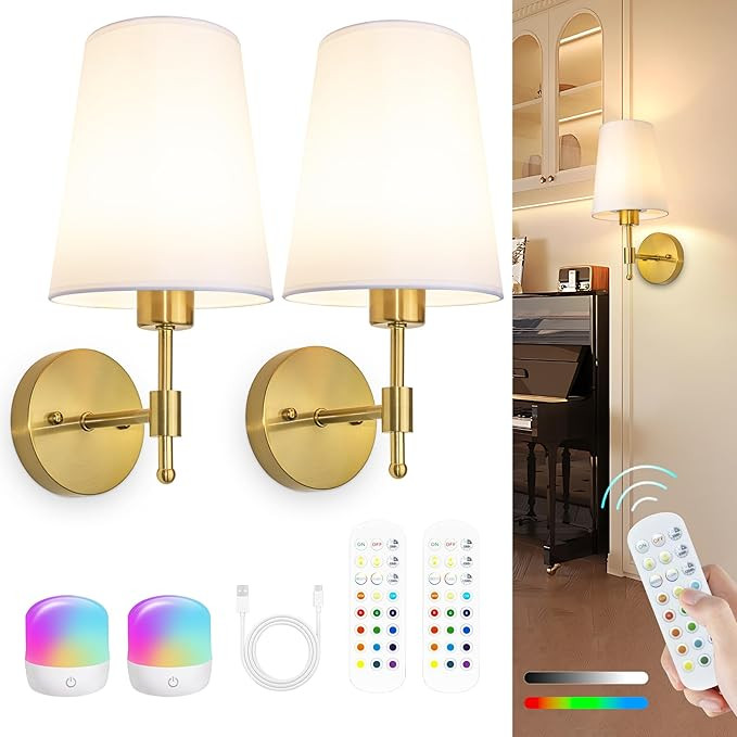 Battery Operated Wall Sconces Set of 2, Rechargeable Gold Wall Sconce with Remote Control, 12 Col... | Amazon (US)