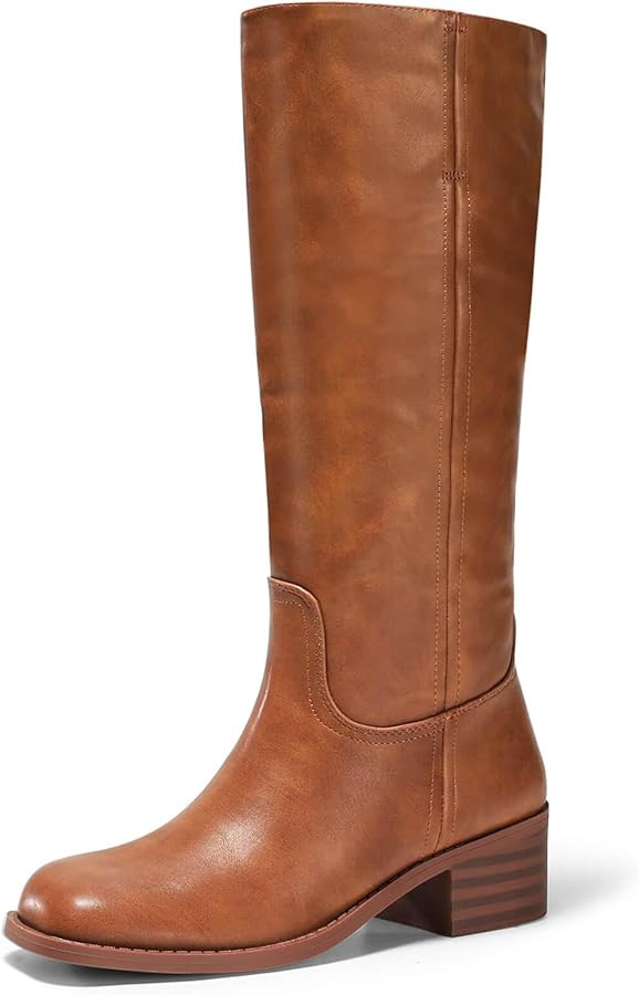 Coutgo Women's Knee High Boots Square Toe Chunky Block Heel Tall Boots Comfortable Low Heel Shoes | Amazon (US)