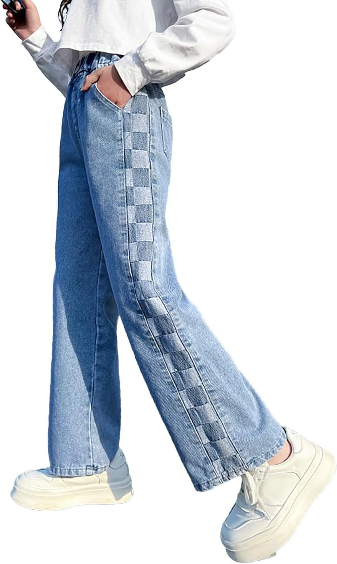 Rolanko Girls Jeans Denim Elastic Wasit Wide Leg Baggy Pants Kids Clothes 4-14 Years | Amazon (US)