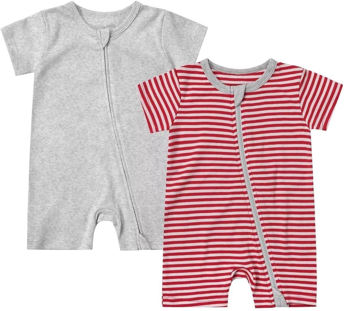 Teach Leanbh Unisex Baby 2 Pack Pajamas Cotton Short Sleeve 2 Way Zipper Stripe Soild Romper Jump... | Amazon (US)