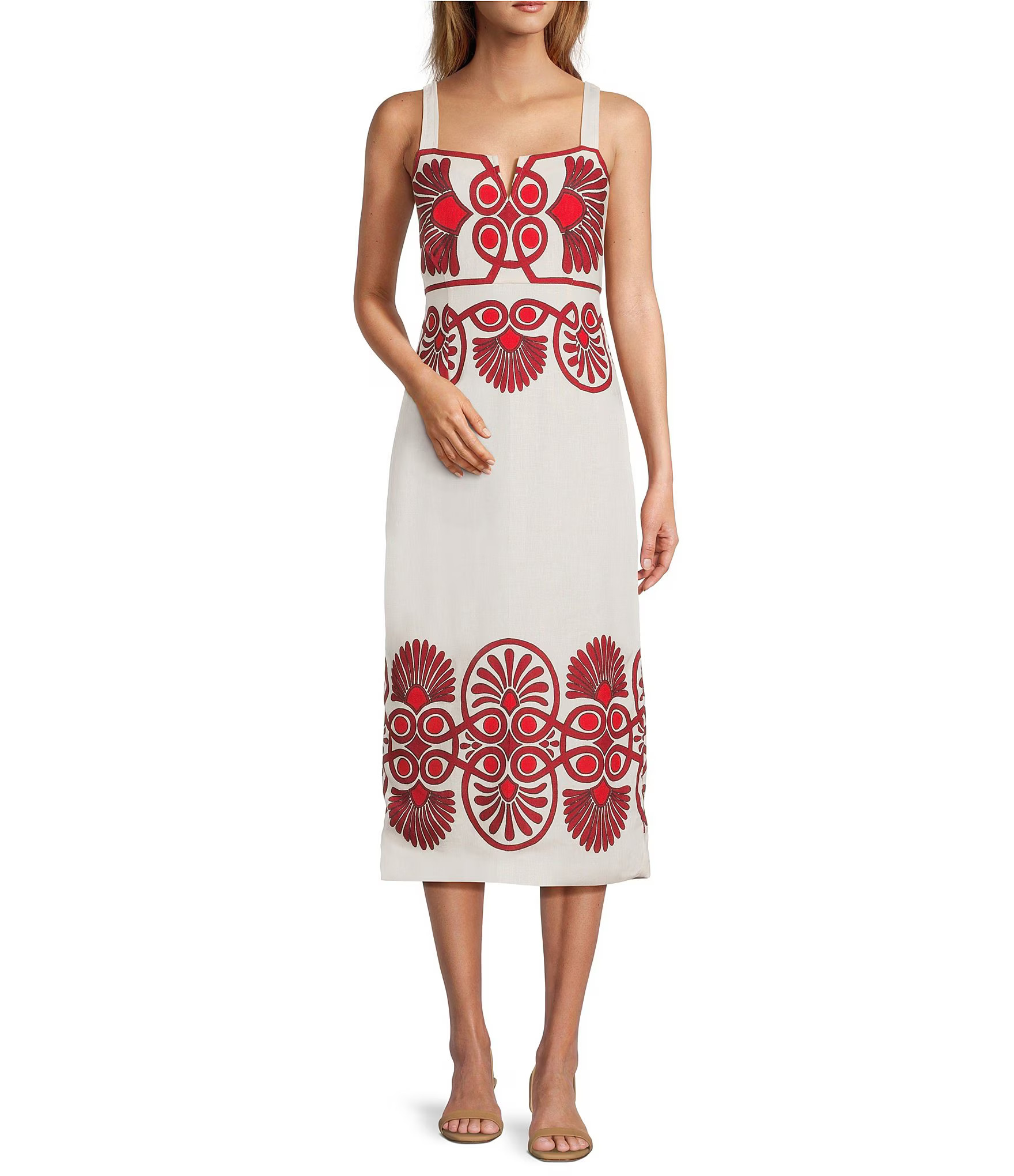 Penelope Linen Blend Scroll Print Sweetheart Neck Sleeveless Midi Dress | Dillard's