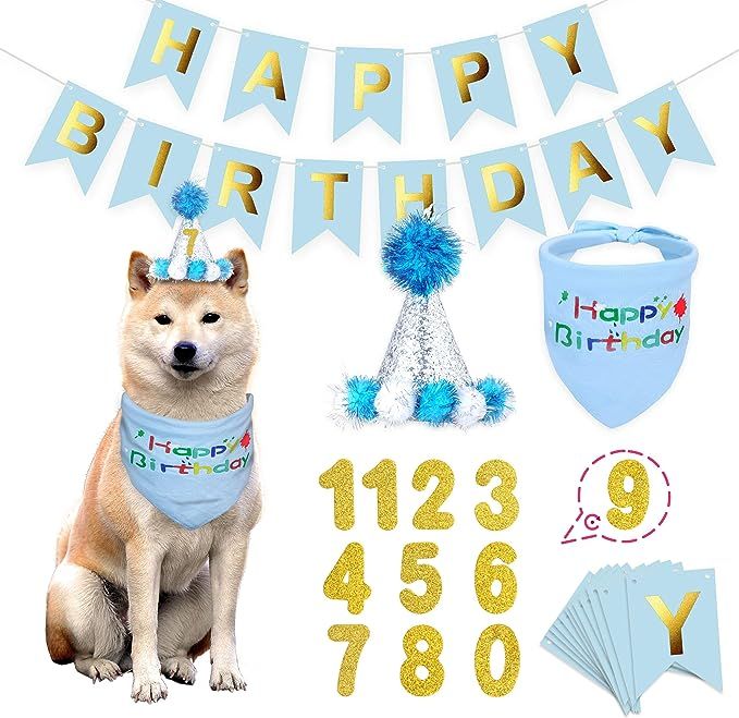 BANMODER Dog Happy Birthday Bandana Hat with 0-8 Figures Banner Set Dog Boy Girl Scarf Birthday P... | Amazon (US)