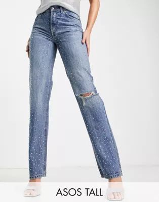 ASOS DESIGN Tall cotton blend low rise straight leg jeans in all over diamante hotfix with ripped... | ASOS (Global)