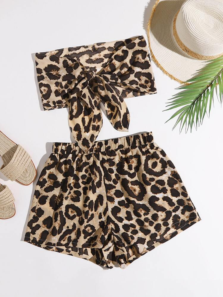 SHEIN VCAY Tie Front Leopard Tube Top & Shorts Set | SHEIN