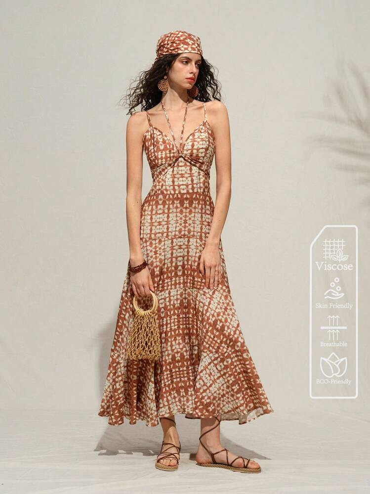 Arave Printed Camisole Cinched Waist Drape Bow Casual Holiday Boho Style Dress For Women, Summer,Summer Dresses For Women,Flowy Dress,Halter Dress,Beach Dress,Sun Dress,Vacation, | SHEIN
