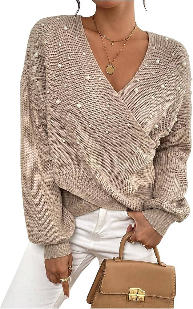 MakeMeChic Women's Pearl V Neck Sweater Wrap Long Sleeve Knit Pullover Jumper Tops | Amazon (US)
