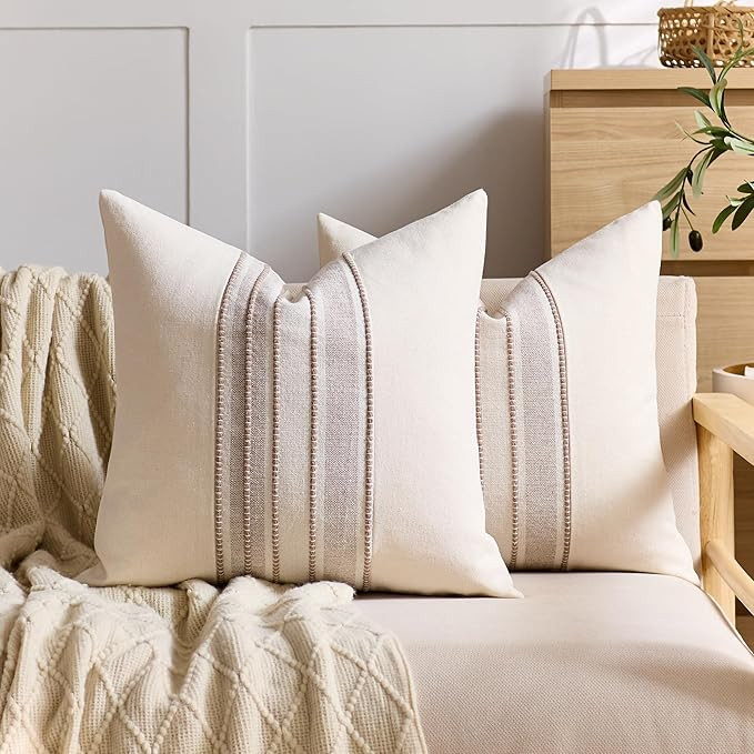 Striped Linen Textured Throw Pillow Covers 18x18 Inch Set of 2,Boho Decorative Cushion Covers, Ne... | Amazon (US)