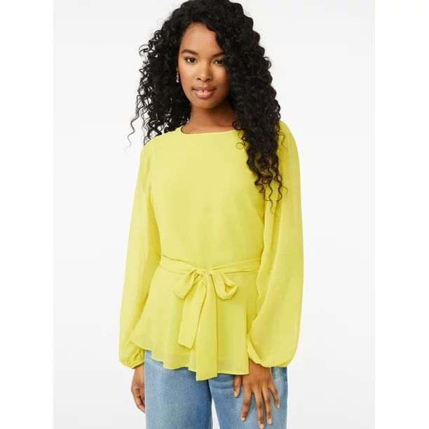 Scoop Women's Long Sleeve Crew Neck Blouse with Tie at Waist - Walmart.com | Walmart (US)