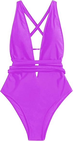 SweatyRocks Women's Sexy Basic Criss Cross Tie Knot Front Deep V Open Back One Piece Swimwear | Amazon (US)