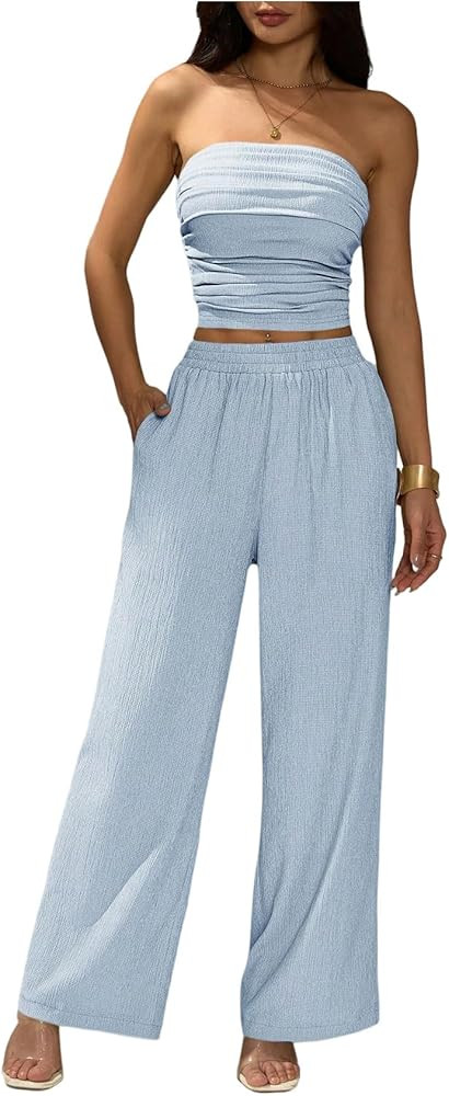 SweatyRocks Women's Summer Outfits 2 Piece Sets Casual Ruched Crop Tube Top and Wide Leg Pants Se... | Amazon (US)