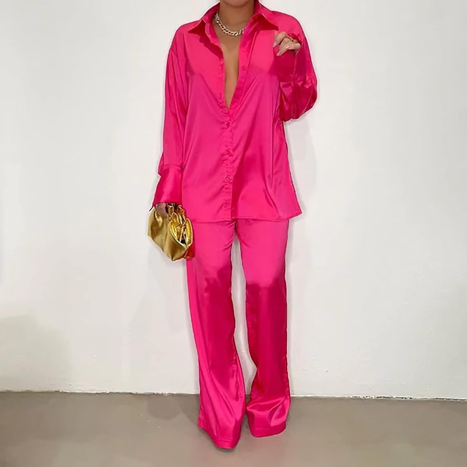 Elainone Satin Two Piece Outfits for Women Button Down Long Sleeve Shirt and High Waist Casual Pa... | Amazon (US)