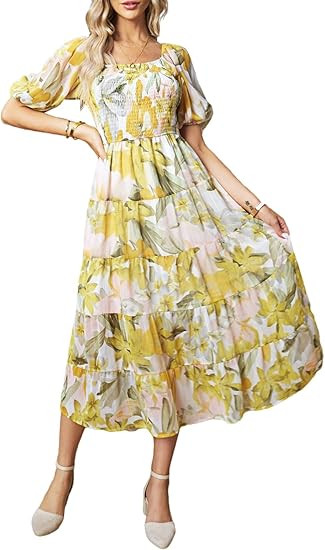 Sissyaki Women's Summer Boho Floral Print Midi Dress Square Neck Tiered Flowy Beach Long Dress | Amazon (US)