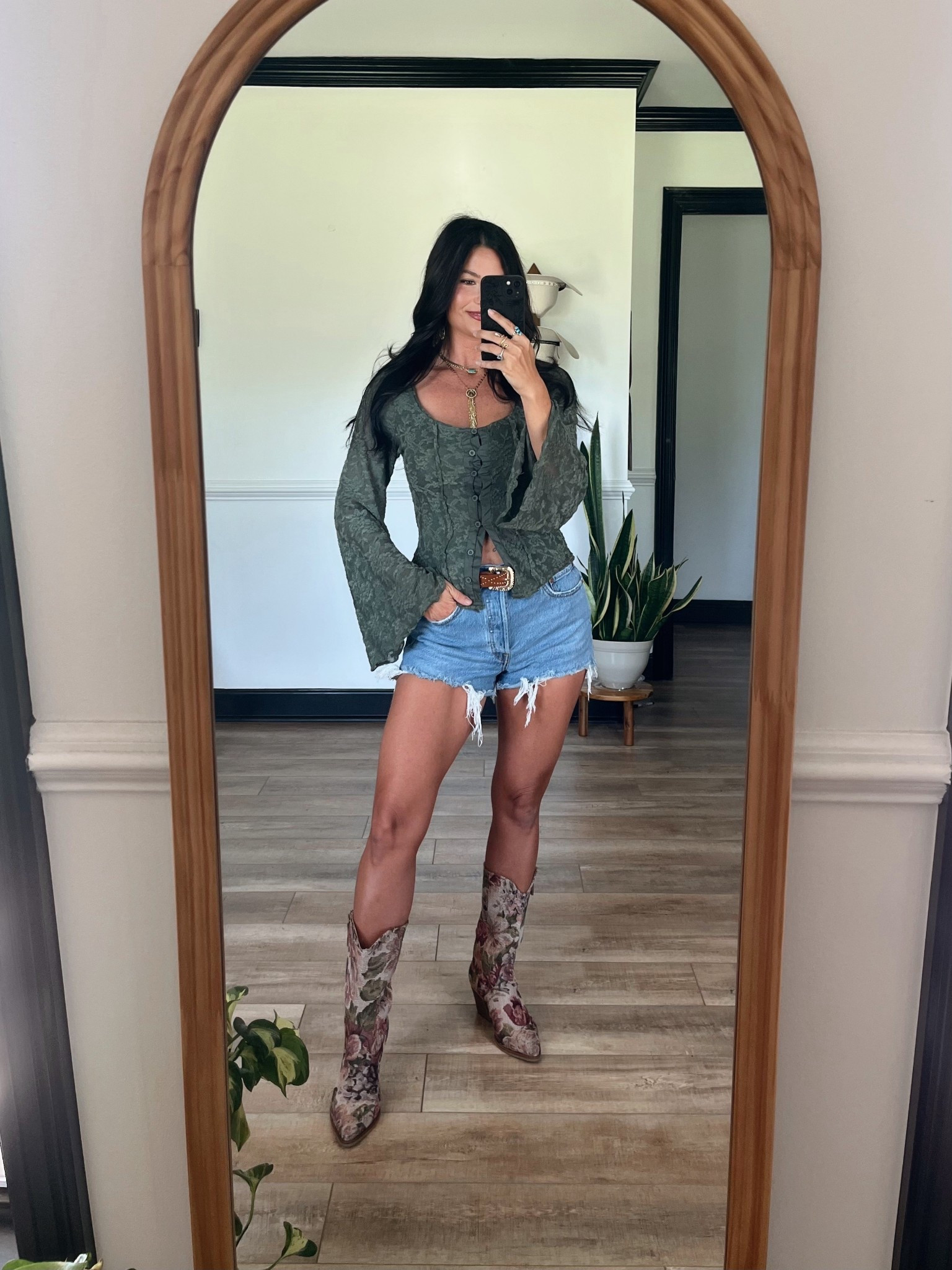 Olive green button front bell sleeve top paired with stretchy denim shorts and tapestry boots! Wearing xs top, 26 shorts! Code LORI10 to save on all my jewelry from Highway Hippie

#LTKFestival #LTKgrwm #LTKootd