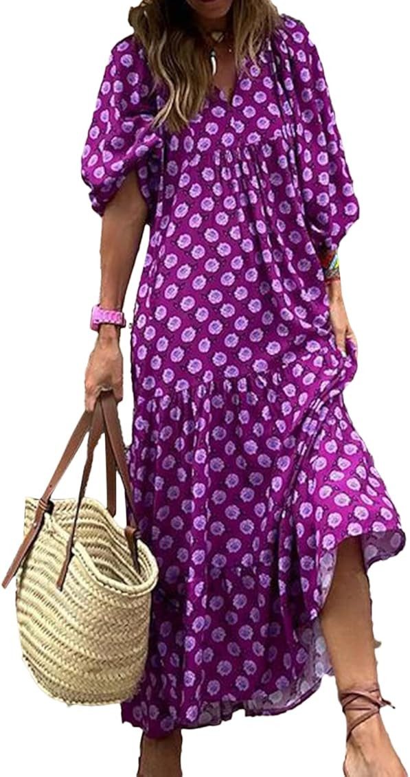 Women's Bohemian Flower Print Long Dress, V-Neck Puff Loose Swing Maxi Beach Dress Fashion Smocke... | Amazon (US)