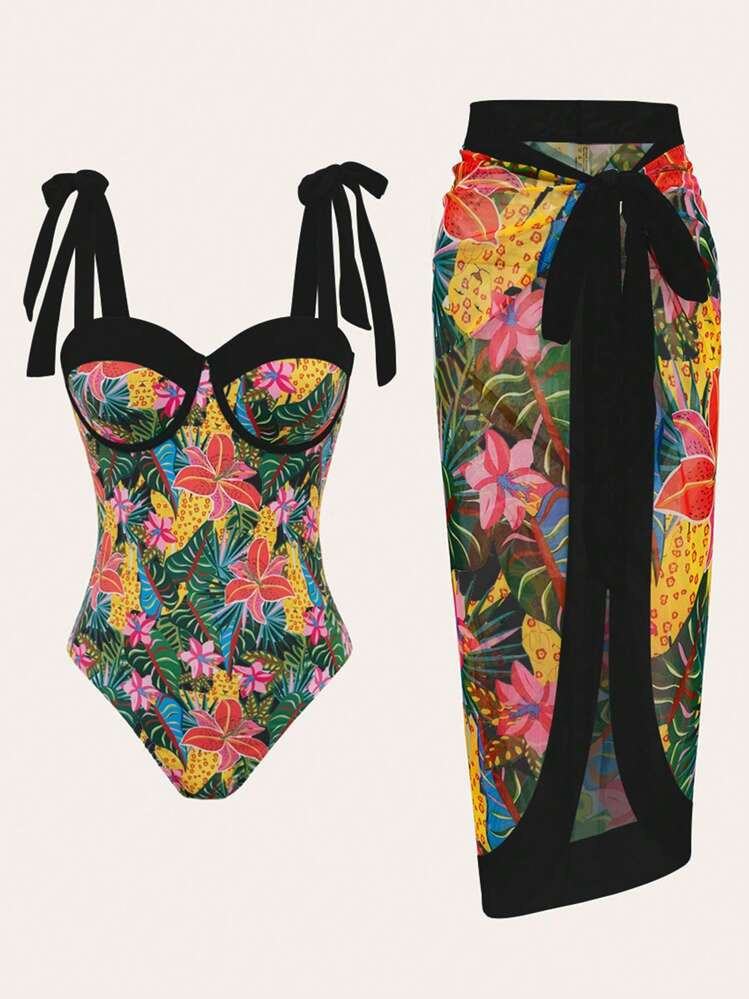 Swim Vcay Floral Print Tie-Front One Piece Swimsuit With Matching Tie-Front Skirt For Summer Beac... | SHEIN