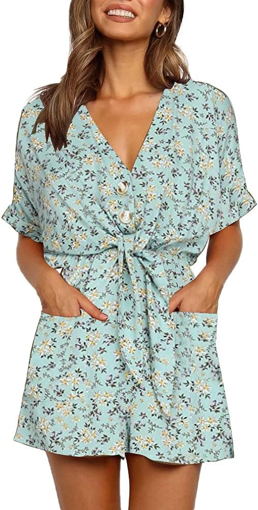 Ivay Womens V Neck Button Rompers Knot Tie Short Sleeve Sexy Loose Playsuit Jumpsuit with Pockets | Amazon (US)