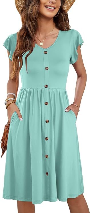 WNEEDU Women Summer Dresses Ruffle Sleeve Casual Loose Swing Button Down Elastic Waist Midi Dress | Amazon (US)