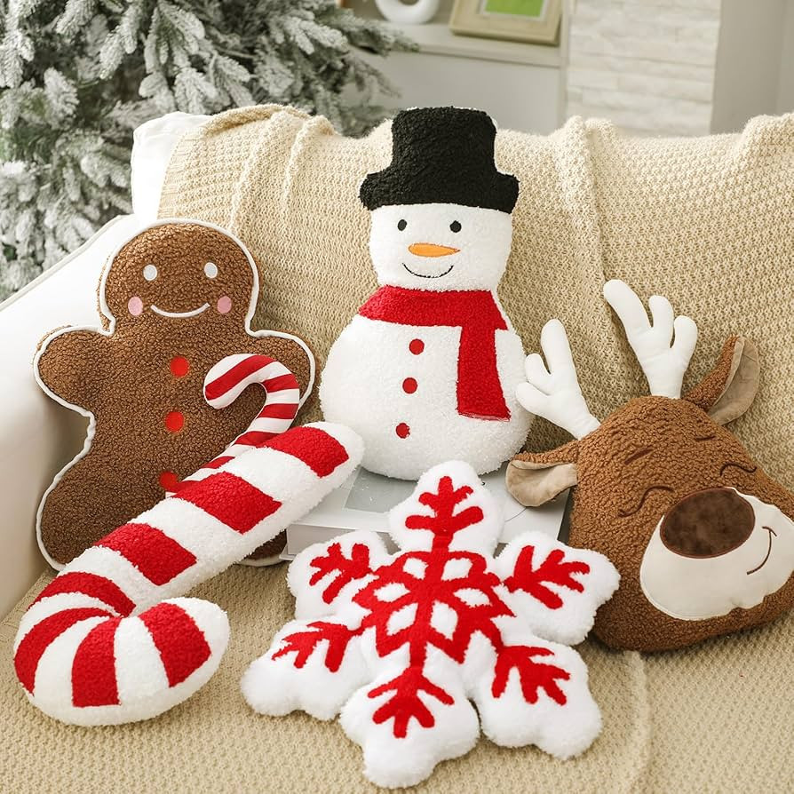 5 Pcs Christmas Throw Pillows Xmas Tree Gingerbread Man Snowflake Pillows Red White Stripe Candy ... | Amazon (US)
