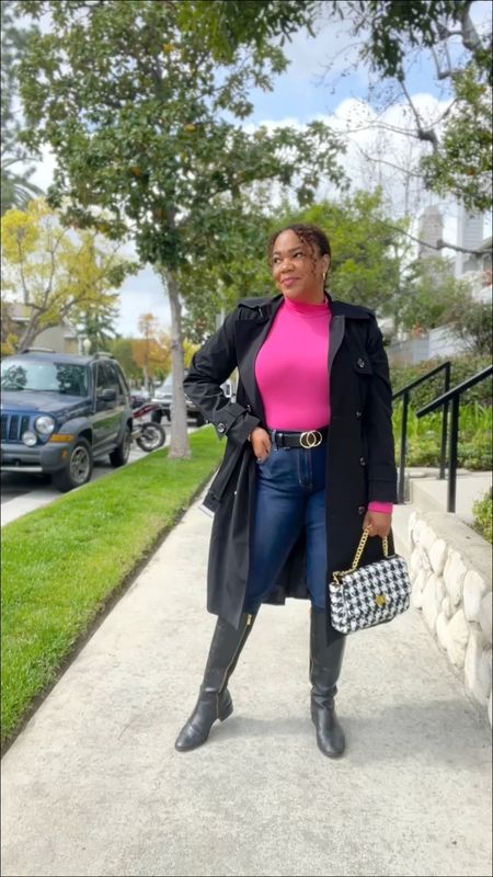 Hot pink 💕 + a Pop of Houndstooth 🎲! Wearing an xl in the bodysuit, medium in the trench coat, and 32 in the jeans. 

#LTKcurves #LTKFind #LTKunder100