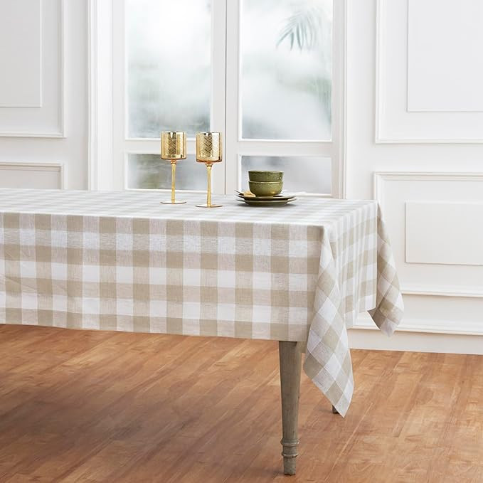 Solino Home Buffalo Check Linen Tablecloth 108" L x 60" W Inch – 100% Pure Linen Natural and Wh... | Amazon (US)