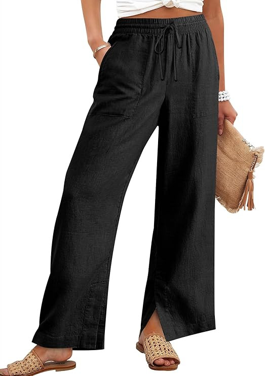 ANRABESS Womens Wide Leg Palazzo Linen Pants High Waist Split Ankle Casual Lounge Beach Vacation ... | Amazon (US)