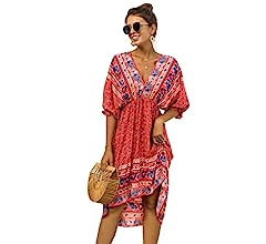 Anna-Kaci Womens Bohemian Floral Print Dress V Neck Open Back Ruffle Short Sleeve Midi Dress | Amazon (US)