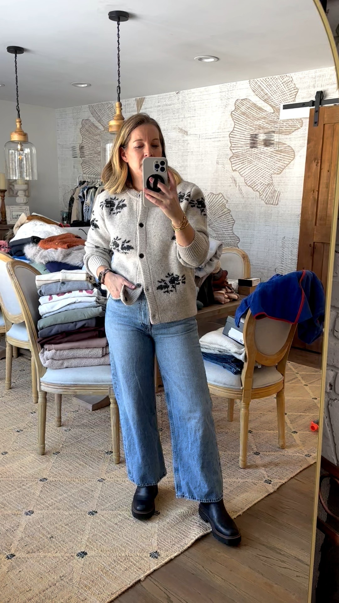 Come with me to get my hair done! 
Small cardigan. SO warm. If you’re sensitive you may want to wear a t shirt under it. It’s not the softest but it’s nice. It’s a wool blend so..tts 29 jeans. A favorite. Fluctuate with my weight and always look and feel good. Get better and softer with every wash. Pricey but worth it for a really nice, versatile and classic pair of denim. Boots are tts as well. Waterproof and rubber soles  

#LTKdayinmylife #LTKootd #LTKOver40