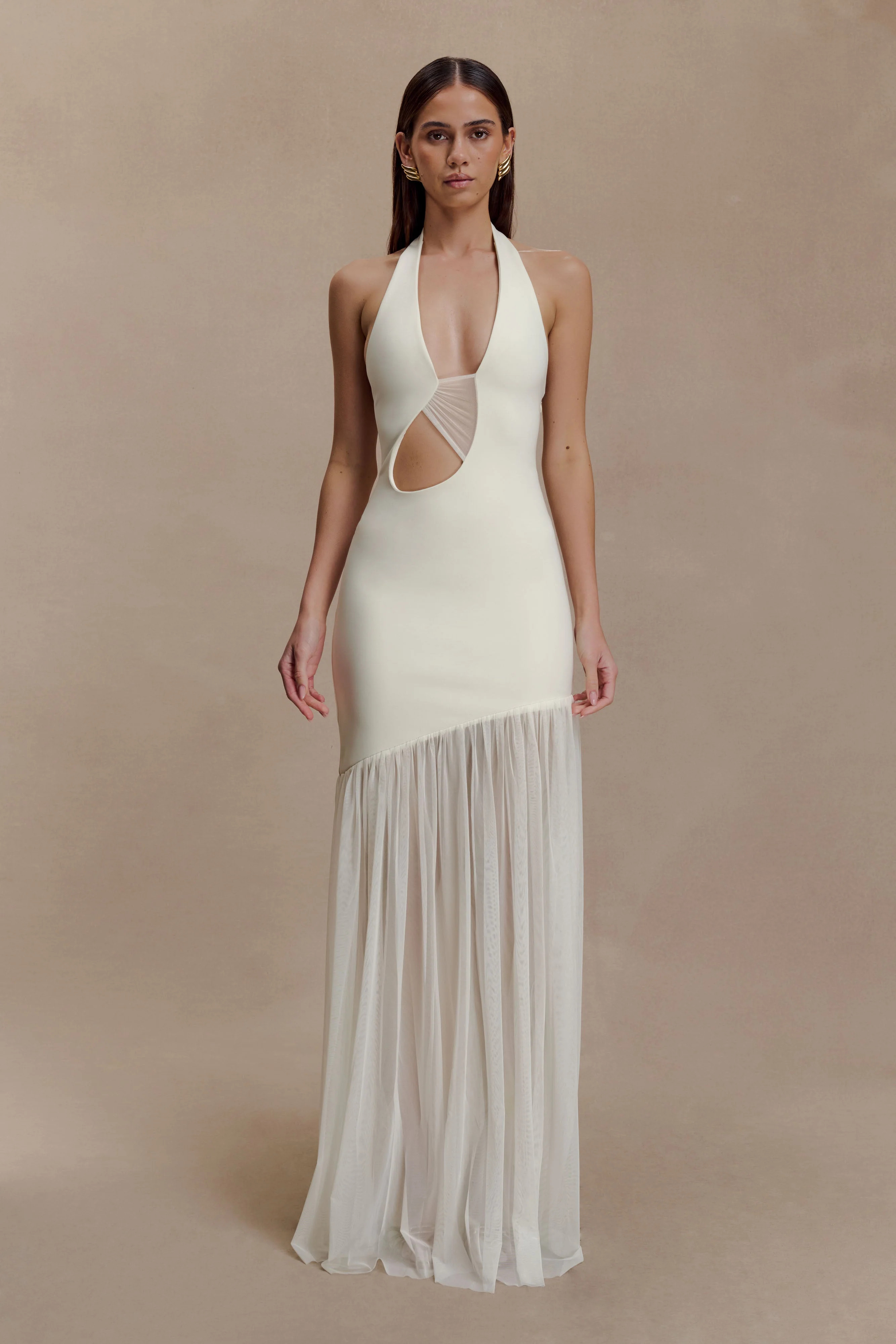 Crepe And Mesh Maxi Dress - Ivory | MESHKI US