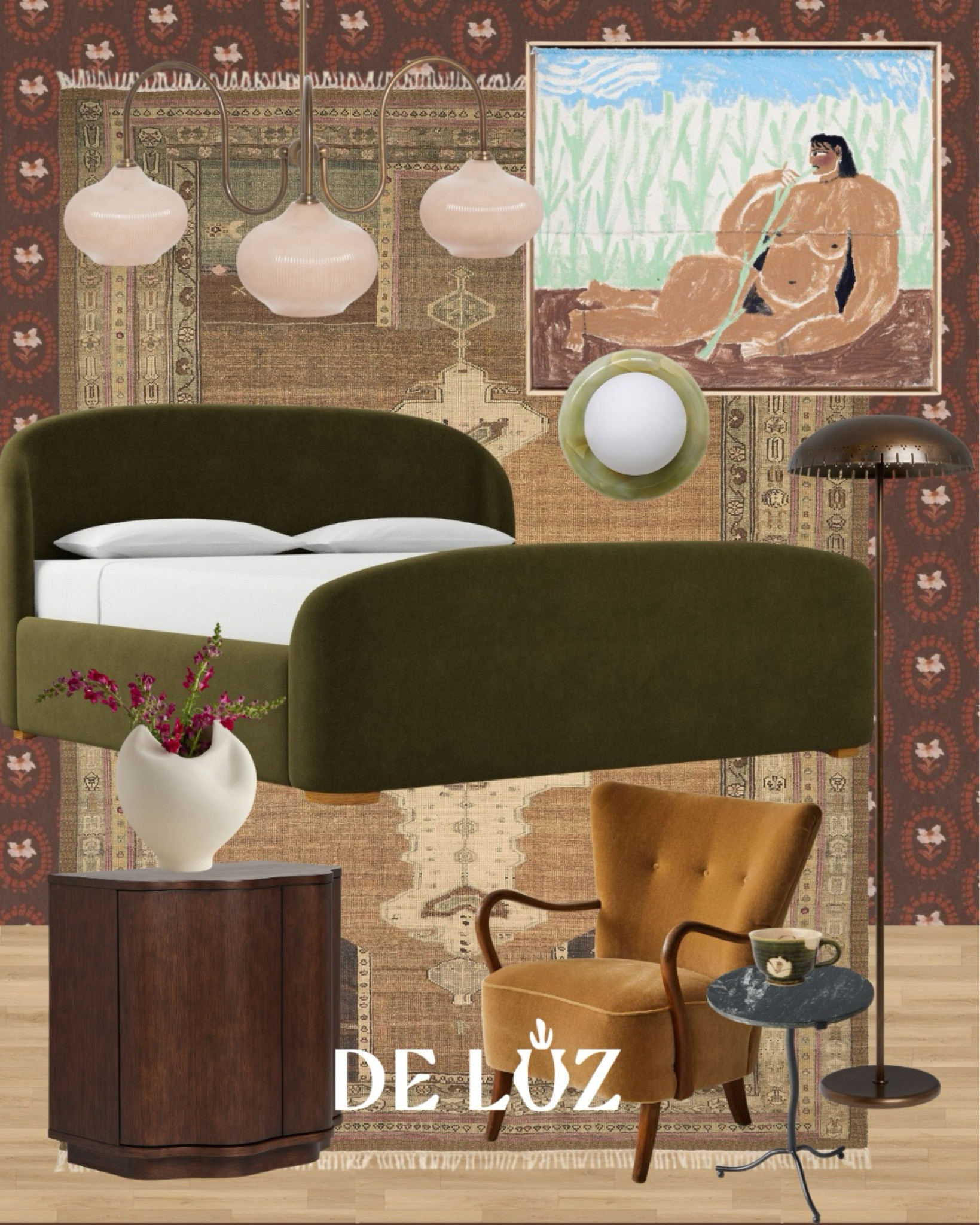 Recreate this moody, collected bedroom with layered pattern play, deep olive velvet, warm walnut tones, and sculptural lighting that feels equal parts vintage lounge and boutique hotel. I mixed rich textures and earthy tones intentionally to keep the space bold, cozy, and balanced without feeling too heavy. Shop the full look through the links. 

#LTKHome #LTKmomlife #LTKTravel