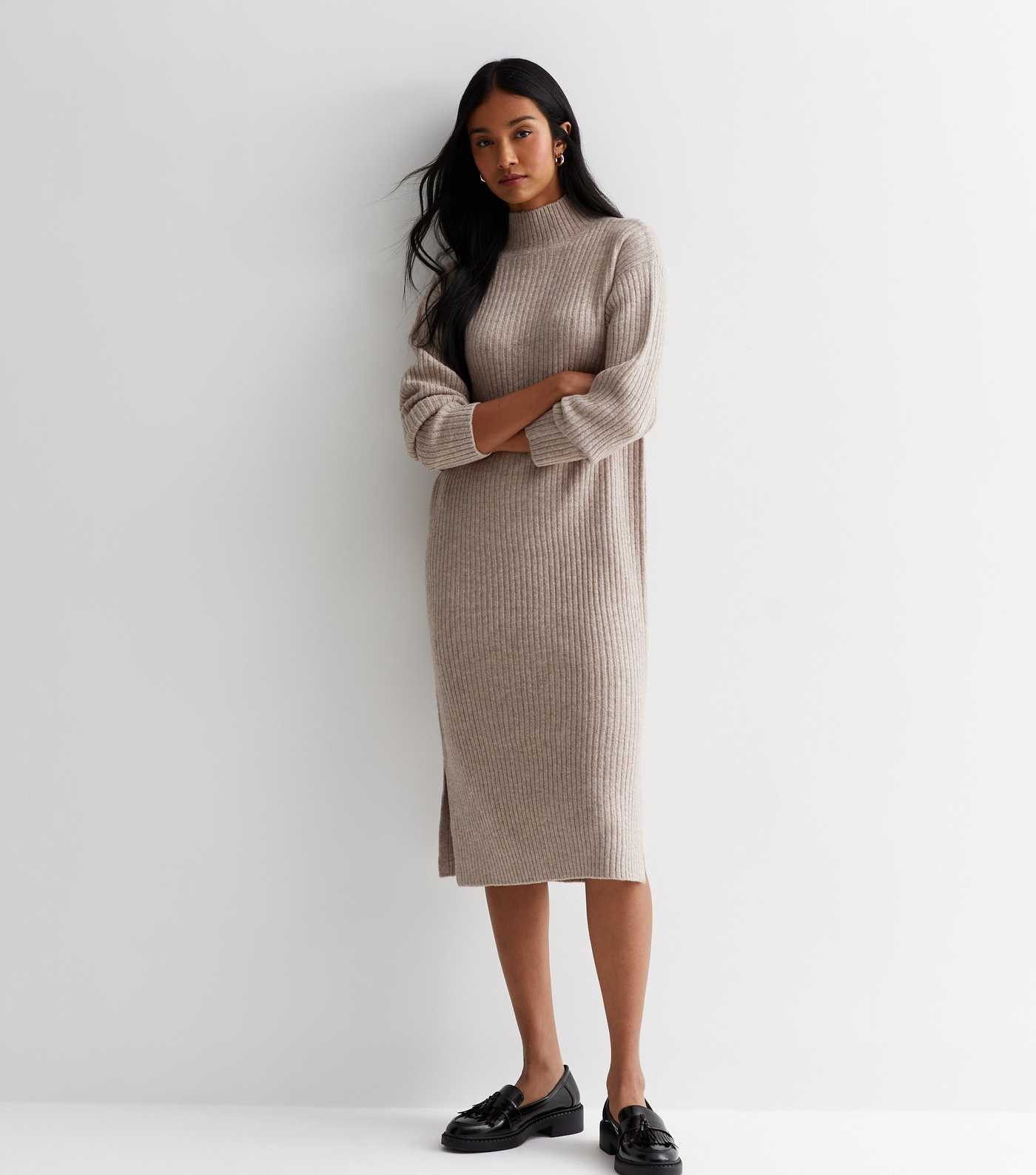 Stone Ribbed Knit High Neck Midi Dress
						
						Add to Saved Items
						Remove from Saved It... | New Look (UK)