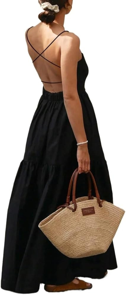 Women's Dresses Solid Color Casual Backless Spaghetti Strap Black Dress | Amazon (US)